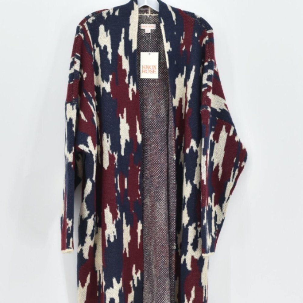 Knox Rose Open Front Duster Sweater Cardigan Sweater Navy & Red 2X
